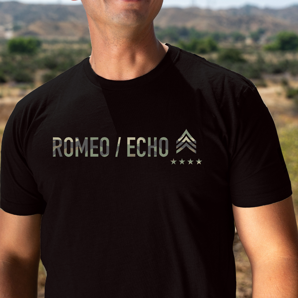 Romeo Echo Men's Cotton Crew Tee - Black (Camo Print)